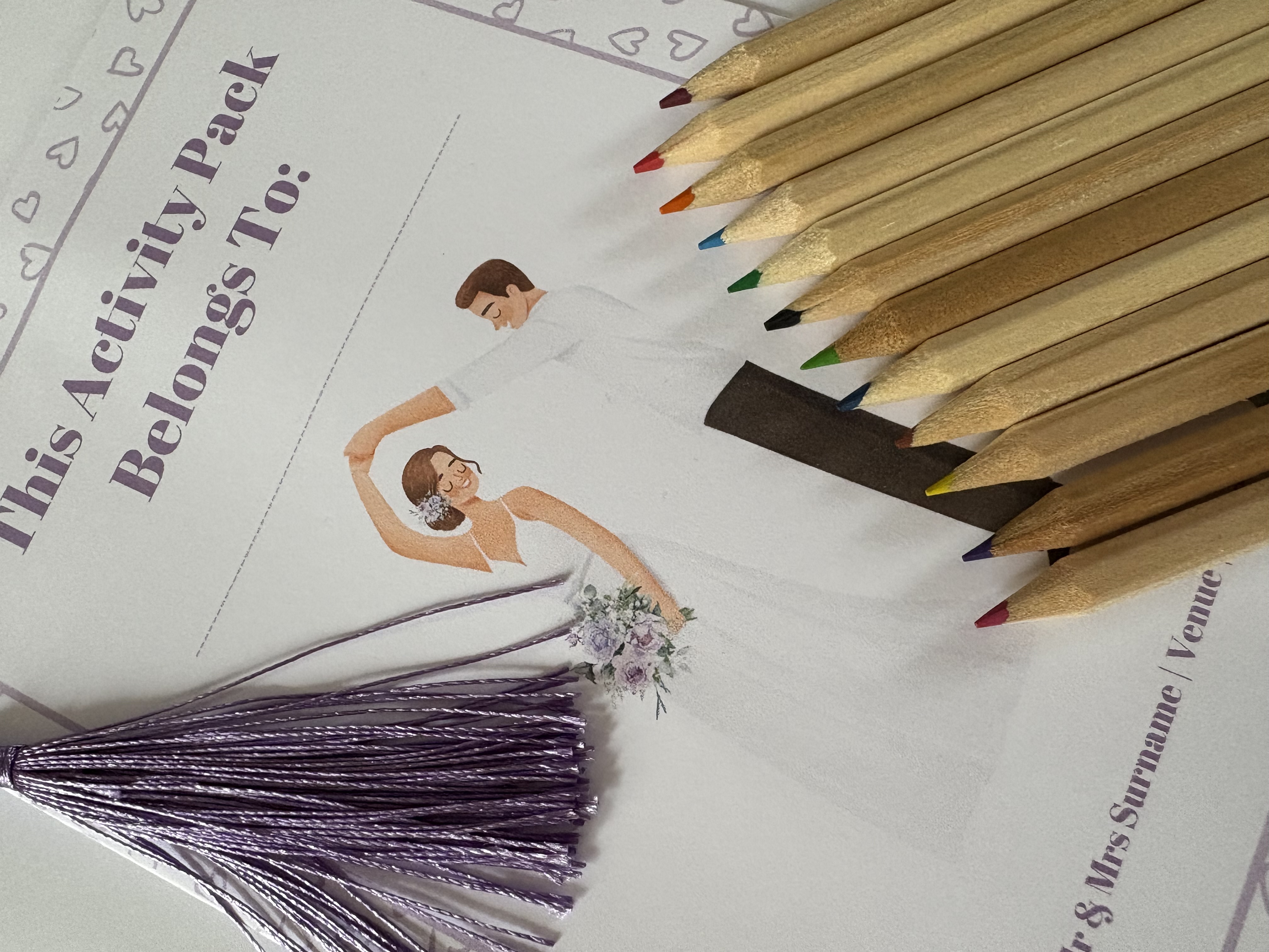 Kids wedding activity pack with colour pens