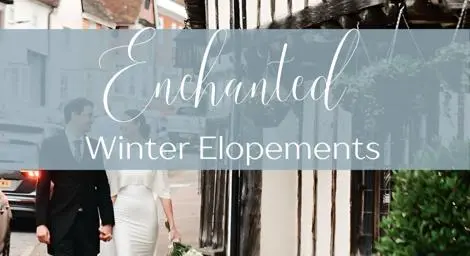 Bride and groom walking outside wintery Tudor building