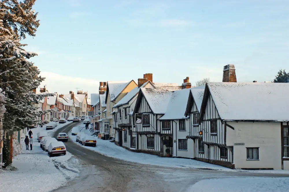 Lavenham High Street in the snow