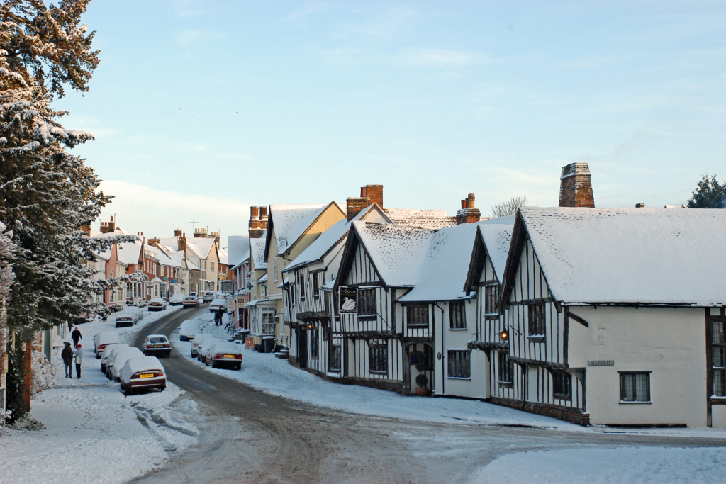 Lavenham High Street in the snow
