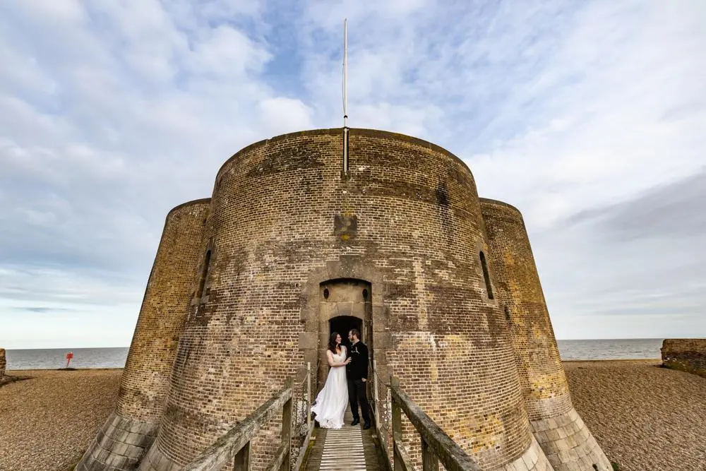 Bride and Groom in front of Martello Tower