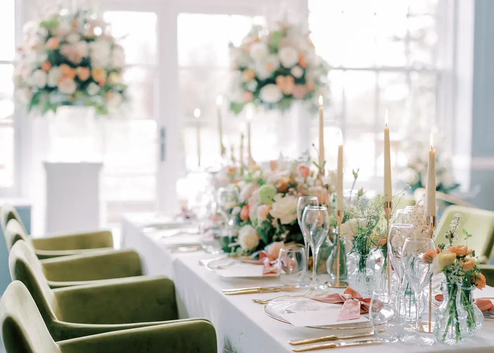 Dining Room set for wedding breakfast. Venue: Worlington Hall Photographer: Sophie May