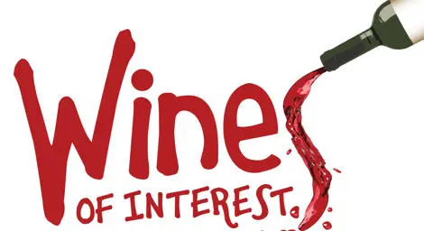 Wines of Interest logo in red writing with wine bottle and wine sploshing down to firm the s