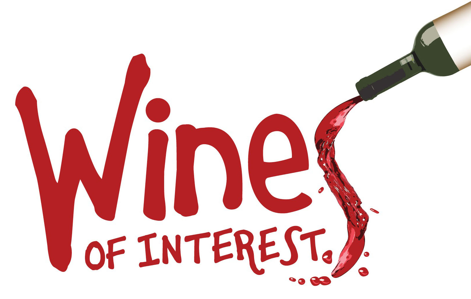 Wines of Interest logo in red writing with wine bottle and wine sploshing down to firm the s